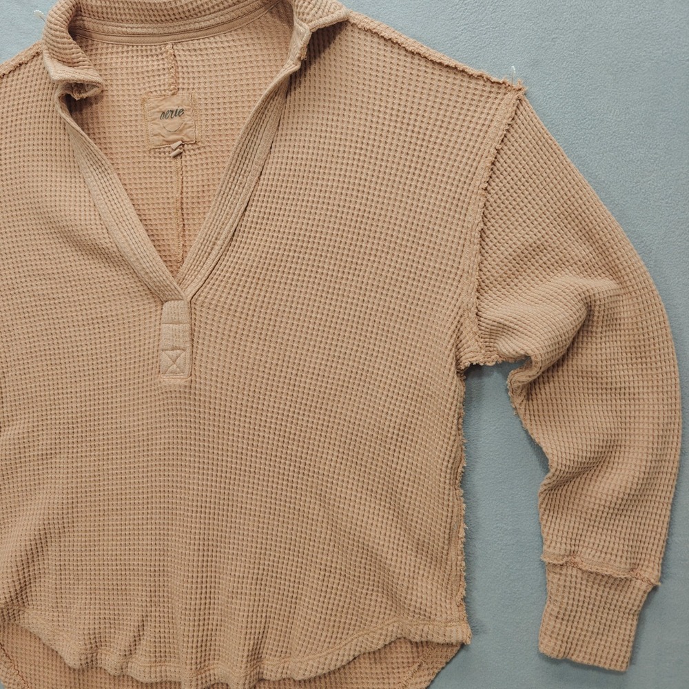 Aerie Oversized Waffle Knit Pullover V-Neck Long Sleeve Womens S‎ Granola Hiking - Picture 2 of 9